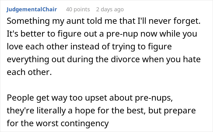 Screenshot of a social media comment discussing the importance of prenups before marriage and handling secret credit card debt.