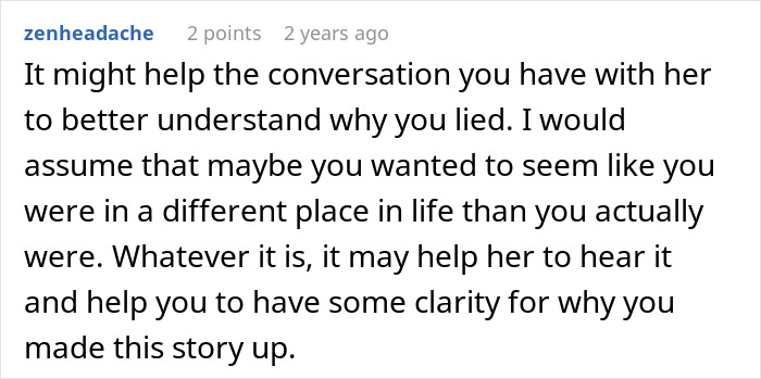 Comment discussing a husband unsure how to come clean about a lie told 10 years ago and its impact on their relationship.