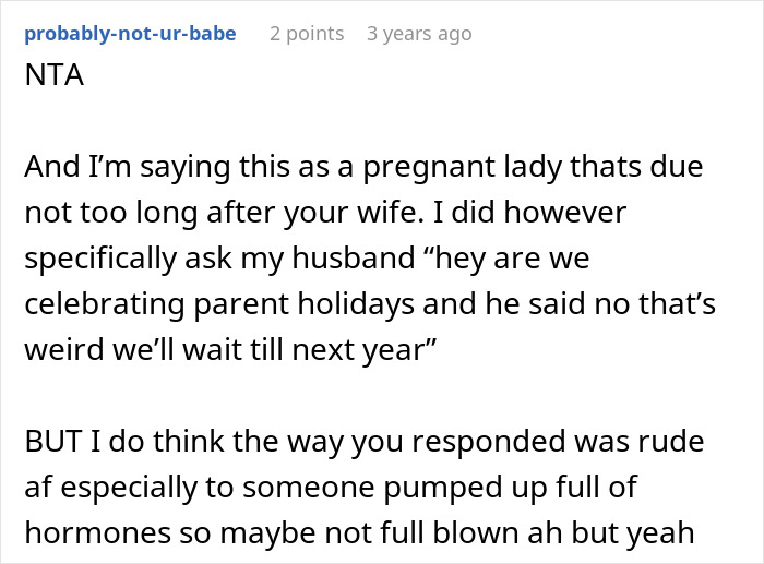 Screenshot of a Reddit comment from a pregnant woman discussing her husband's refusal to celebrate Mother's Day.