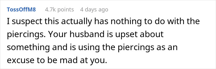 User comment on a forum discussing a dad throwing a fit after learning about his daughter’s ear piercings. User comment on a forum discussing a dad throwing a fit after learning about his daughter’s ear piercings.