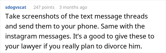 Screenshot of a text message advising to save message threads as evidence for divorce in a gaslighting marriage regret case.