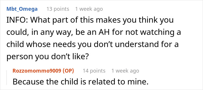 Screenshot of an online discussion about a woman needing a babysitter and involving the husband&rsquo;s ex as an option.