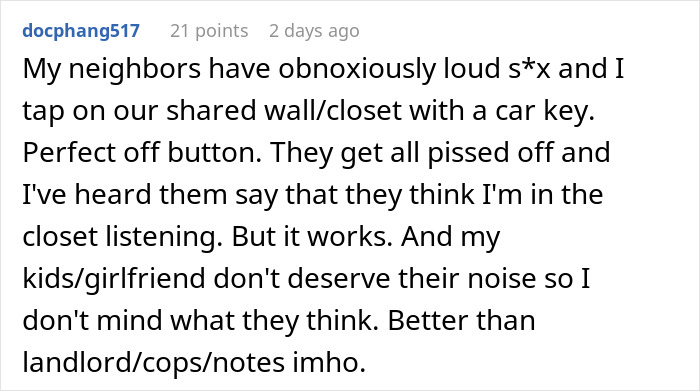 Alt text: Woman cleverly tapping wall to confuse loud downstairs neighbor and restore peace in apartment block. Alt text: Woman cleverly tapping wall to confuse loud downstairs neighbor and restore peace in apartment block.