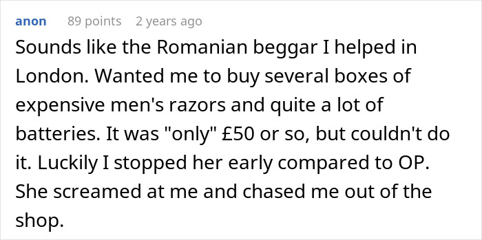 Screenshot of a Reddit comment describing a woman learning her lesson after almost getting scammed at the store. Screenshot of a Reddit comment describing a woman learning her lesson after almost getting scammed at the store.