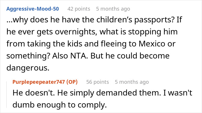 Screenshot of an online discussion about child custody concerns involving passports and post-partum divorce issues. Screenshot of an online discussion about child custody concerns involving passports and post-partum divorce issues.