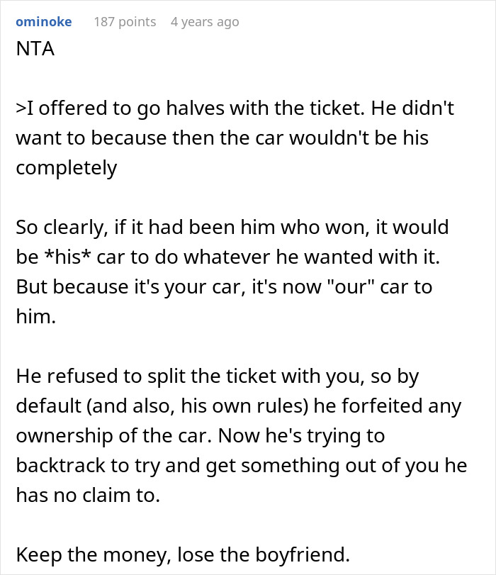 Woman wins $300k Jaguar while boyfriend of two months claims car should belong to both of them in dispute.