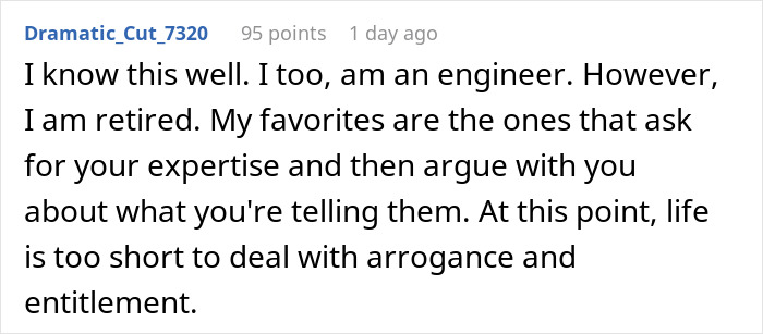 Comment from engineer about dealing with arrogance and entitlement from a finger-snapping Karen at work.