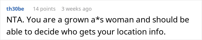 Comment about removing phone tracking from parents who use it to see location, asserting personal privacy and control over location info.