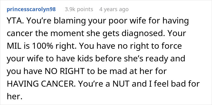 Screenshot of a forum comment calling out a man for blaming his wife after her cancer diagnosis affects having biological kids.