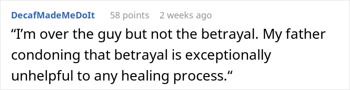 Comment text about betrayal and family urging forgiveness, discussing cousin&rsquo;s affair with her ex and related family dynamics.