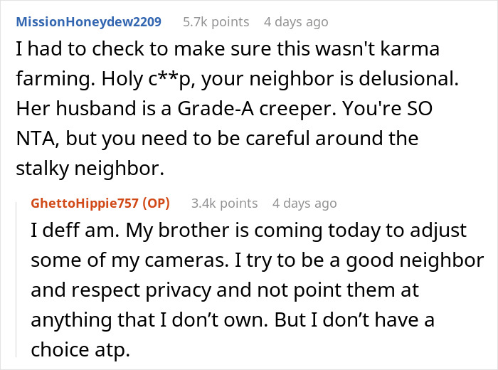 User comments discussing neighbor complaints about a woman's outfit and her husband staring at her, highlighting privacy concerns. User comments discussing neighbor complaints about a woman's outfit and her husband staring at her, highlighting privacy concerns.