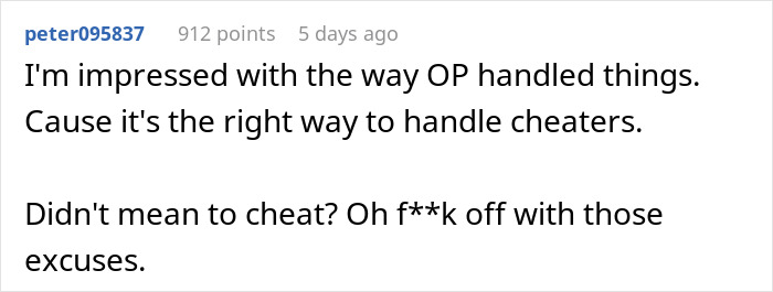 Screenshot of an online comment praising the way a girlfriend handles her boyfriend’s affair and calls out cheating excuses. Screenshot of an online comment praising the way a girlfriend handles her boyfriend’s affair and calls out cheating excuses.