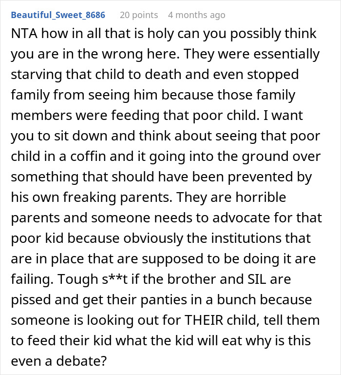 Comment defending reporting parents to CPS for starving their child, discussing child neglect and advocacy.