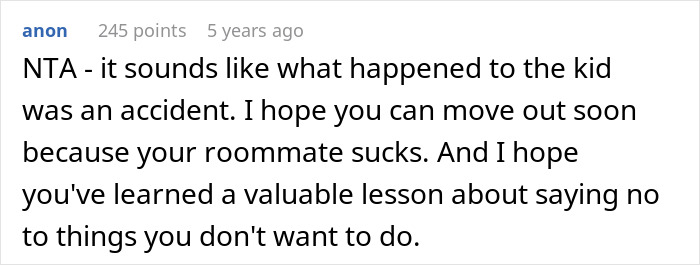 Screenshot of a forum comment discussing a roommate who vanished with an ex, leaving a guy with a kid and blaming him after she got hurt.