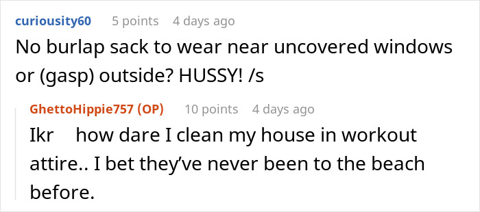 Online comment discussing neighbor complaints about a woman’s outfit and a husband staring at her. Online comment discussing neighbor complaints about a woman’s outfit and a husband staring at her.