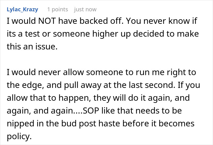 Comment from user Lylac_Krazy discussing standing firm against repeated challenges and enforcing strict SOP policy in a work environment.
