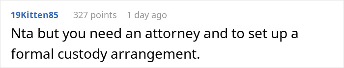 Screenshot of online discussion about custody arrangement advice for dropping baby off and demanding ex-husband take baby every other week.