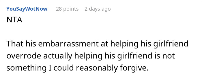 Reddit comment discussing refusal to hand period pad and tissues, explaining why dumping boyfriend was justified. Reddit comment discussing refusal to hand period pad and tissues, explaining why dumping boyfriend was justified.
