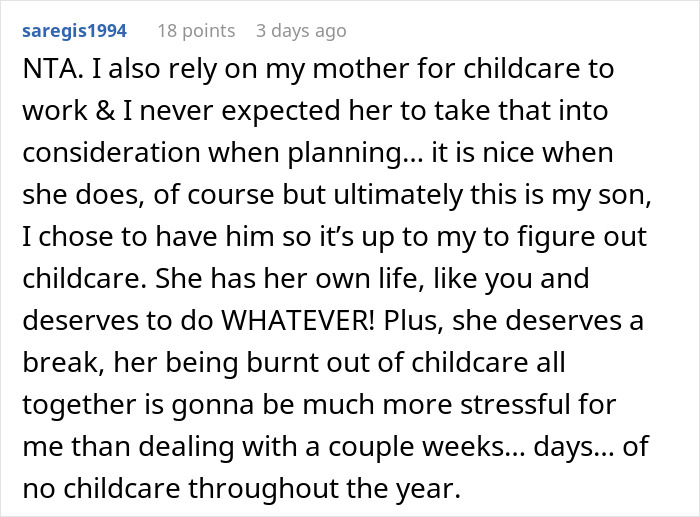 Comment about woman upset her mom booked a vacation and refuses to babysit her two kids, discussing childcare boundaries.