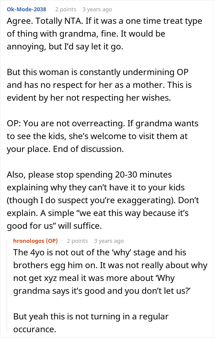 Screenshot of an online discussion about a mom refusing to leave kids with MIL due to fast food feeding issues.