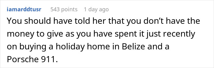 Screenshot of a Reddit comment discussing a distant cousin wanting funding for her wedding due to user being single with no kids.