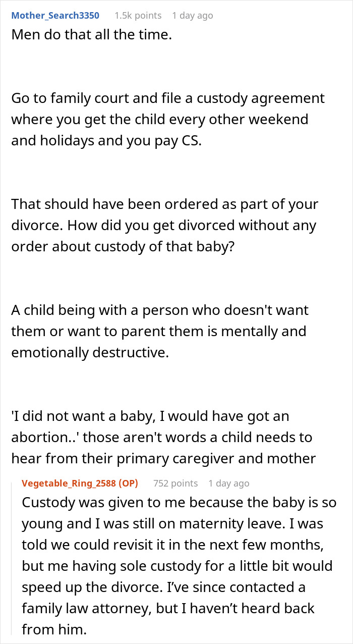 Reddit discussion about custody agreement and demands for ex-husband to take baby every other week after divorce.