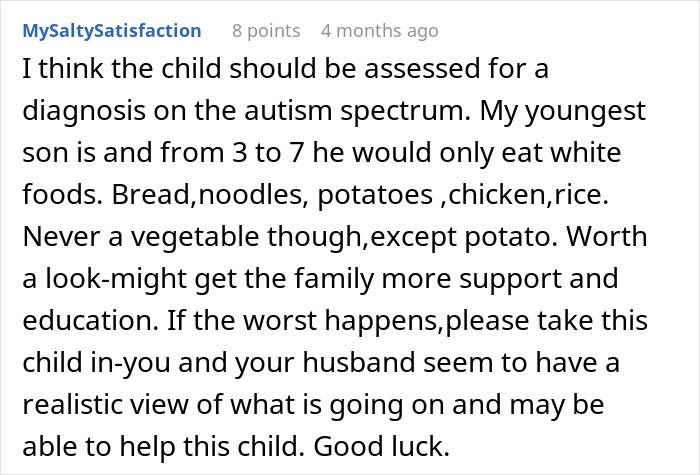 Comment discussing concerns about child assessment and family support after couple reports parents to CPS for starving their child.