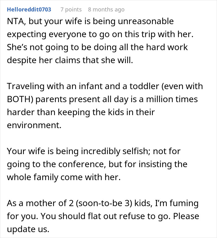Reddit comment discussing a dad wondering if he&rsquo;s a jerk for not joining wife&rsquo;s work trip with kids.