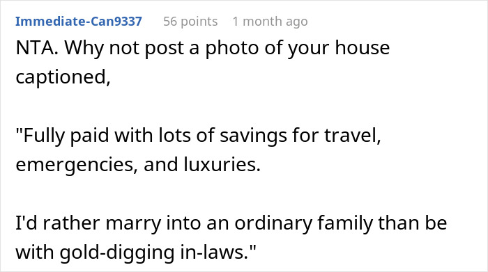 Screenshot of a Reddit comment defending a woman shutting down her gold-digger MIL about being a housewife.