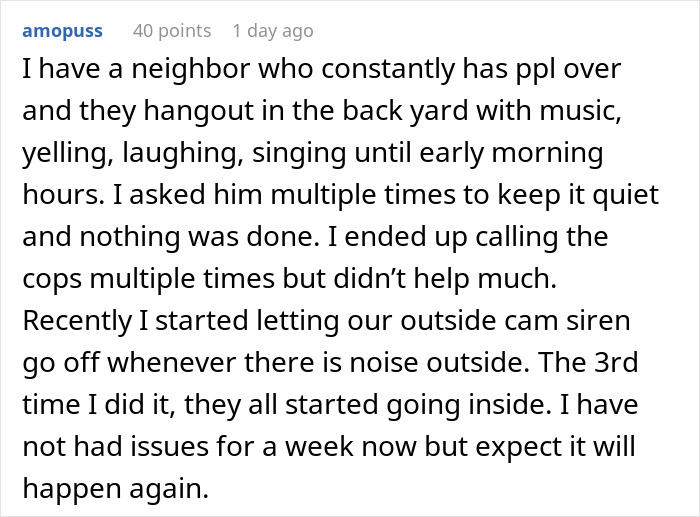 Homeowner uses outdoor cam siren to teach inconsiderate neighbor a lesson on proper dog owner etiquette and noise control.