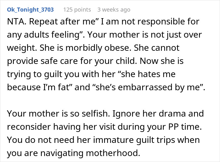 Comment discussing a woman refusing obese mom to babysit newborn and facing fat shaming accusations online.