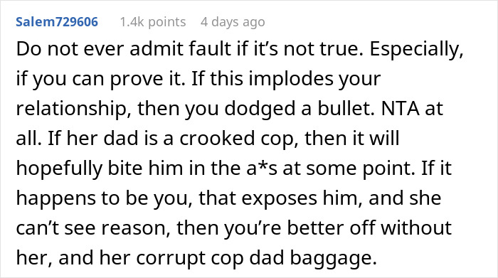 Text snippet from online forum discussing a crooked cop wrongfully ticketing driver revealed as daughter’s boyfriend. Text snippet from online forum discussing a crooked cop wrongfully ticketing driver revealed as daughter’s boyfriend.