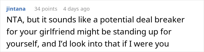 Comment from user jintana discussing a potential deal breaker involving a girlfriend in an online forum thread. Comment from user jintana discussing a potential deal breaker involving a girlfriend in an online forum thread.