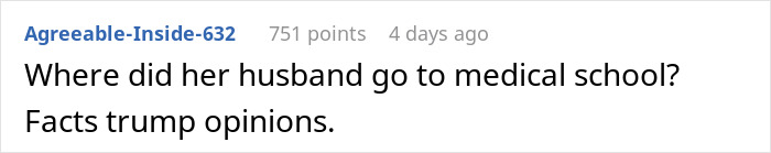 Screenshot of a social media comment about medical school questioning and opinions related to pregnant anti-vaxxer consequences.