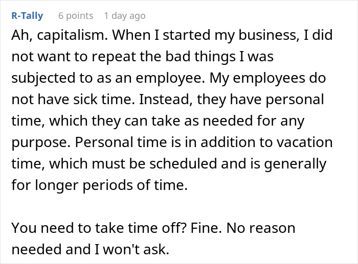 Screenshot of a comment discussing personal time policies and attitudes toward taking time off from work, related to bottomless mimosa brunch.