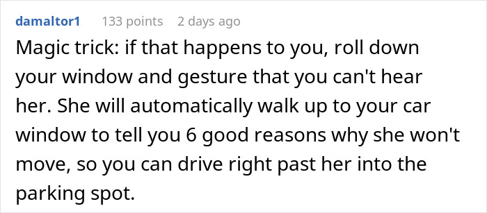 Comment about Karen trying to save a parking spot by standing in it and getting kicked out on a social media post.