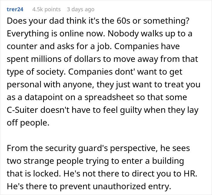 Comment discussing dad dragging to physical office for job causing security to escort them out, highlighting online job trends.