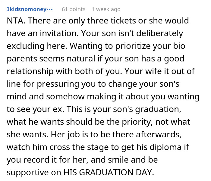 Screenshot of a Reddit comment discussing a stepmom tantrum after teenager invites his mom to graduation.