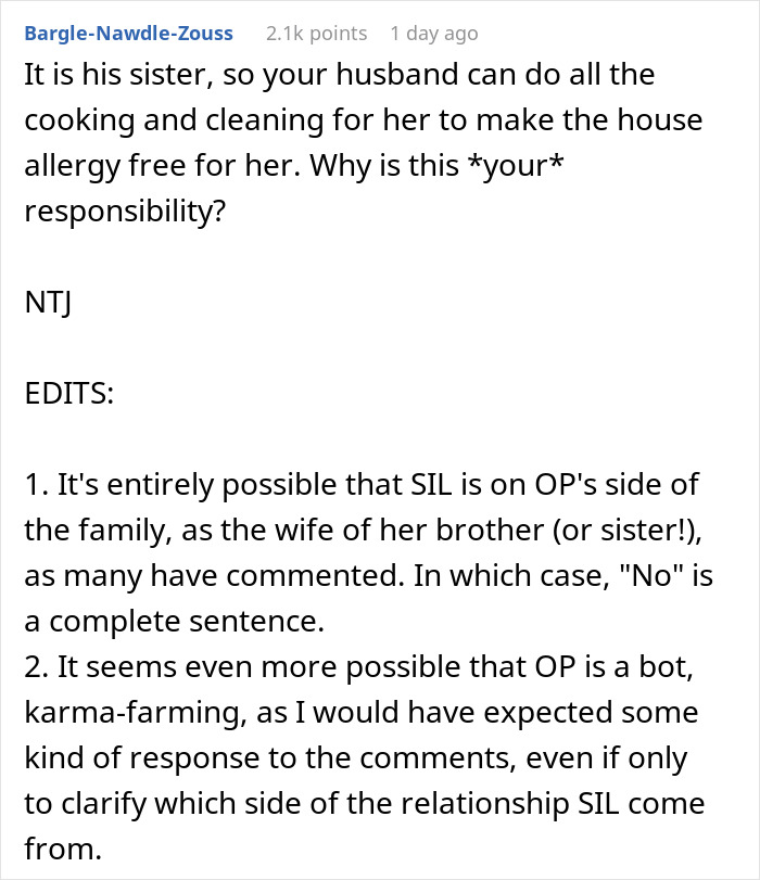 Comment discussing a highly sensitive sister-in-law balking after her high demands are shut down in a family conflict. Comment discussing a highly sensitive sister-in-law balking after her high demands are shut down in a family conflict.