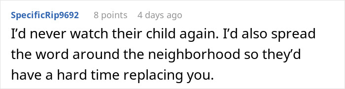 Comment expressing dissatisfaction with a family over paying their babysitter after the baby falls asleep.