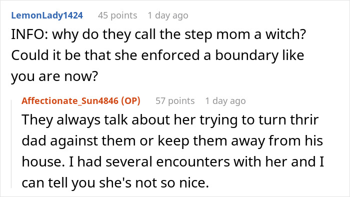 Screenshot of a Reddit conversation discussing a stepmom and family conflict involving half siblings.