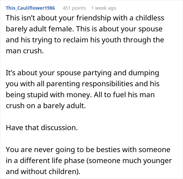 Comment about a 28YO work buddy dynamic, addressing spouse, parenting, and differences in life phases. Comment about a 28YO work buddy dynamic, addressing spouse, parenting, and differences in life phases.