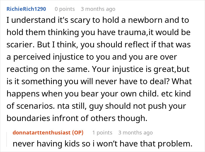 Comment discussion about trauma and boundaries in relationships when holding a newborn after personal experiences.