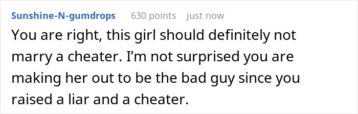 Comment about wedding drama after groom fails fianc&eacute;e's loyalty test and his parent refuses to fund them in online discussion.