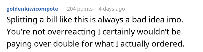 Text comment about coworkers agreeing to split the bill but one backs out after dining, discussing paying fairly.