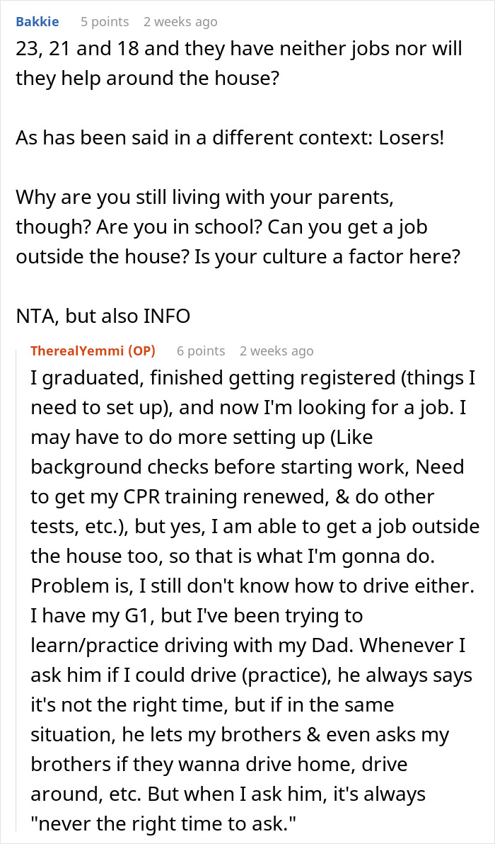Reddit discussion about woman boycotting chores at sexist parents' house until her brothers help clean and share duties. Reddit discussion about woman boycotting chores at sexist parents' house until her brothers help clean and share duties.