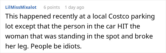 Comment describing Karen trying to save a parking spot by standing in it, leading to conflict and removal from the area.