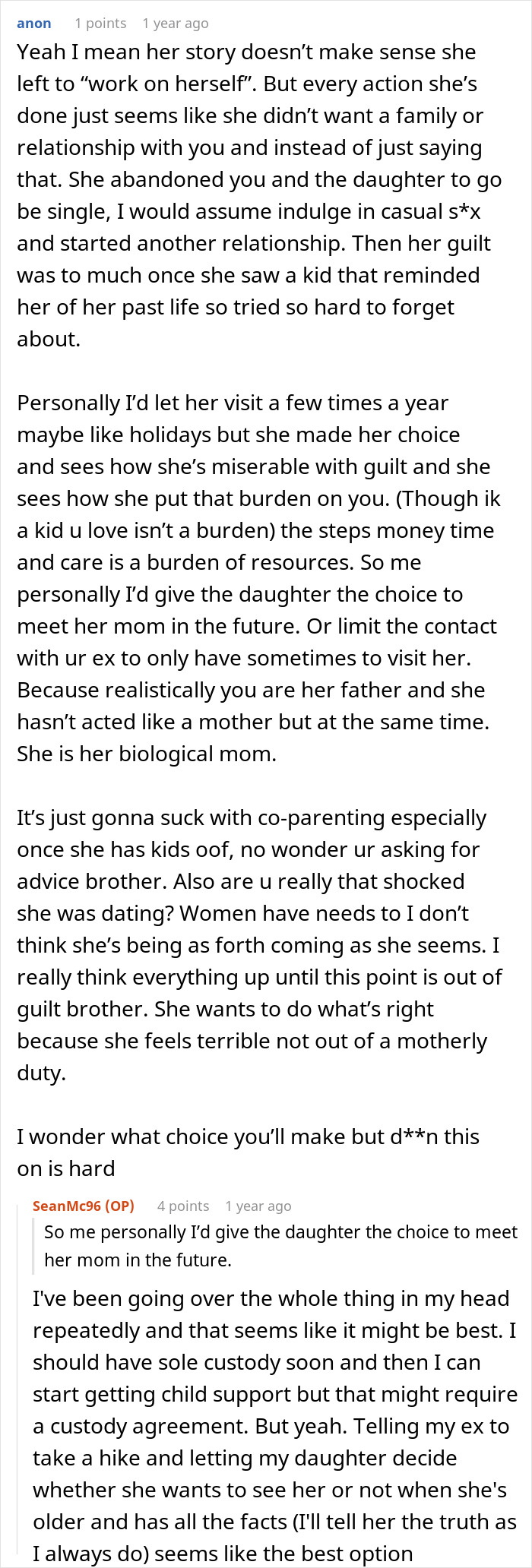 Screenshot of online discussion about a man raising newborn alone and dealing with his ex reappearing after three years.