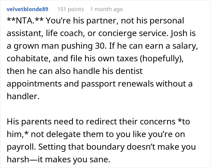Comment discussing helicopter parents treating 29-year-old son&rsquo;s girlfriend like a nanny and daily planner.