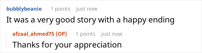 Screenshot of a Reddit conversation where a user praises a story with a happy ending about a fence sabotage backfiring.